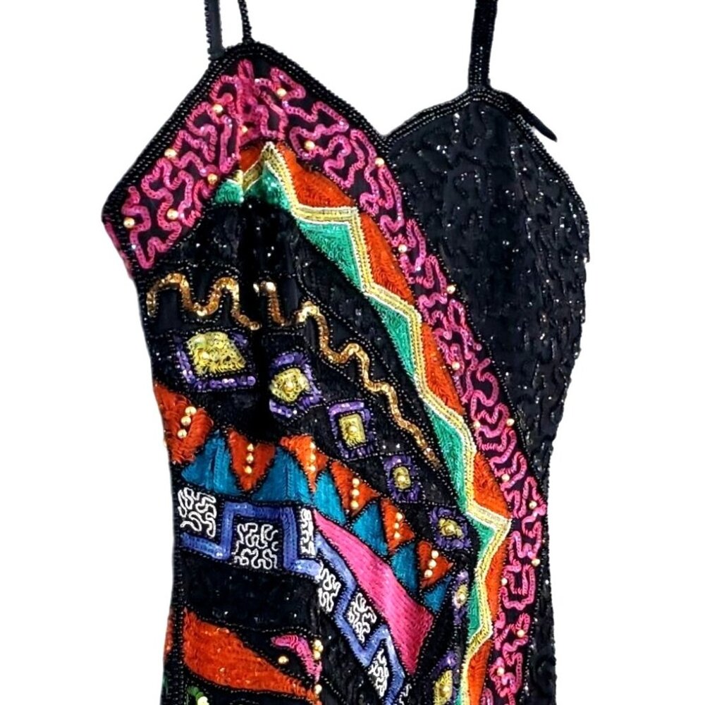 Black Beaded Dress 80s XS Together Silk Black Colorful - Picture 7 of 16